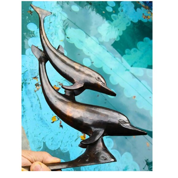 Sculpted MCM Vintage Bronze Swimming Dolphins Statue - Picture 2 of 7